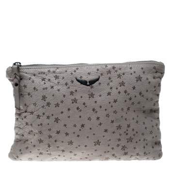 Pre Owned Zadig and Voltaire Grey Printed Leather Clutch