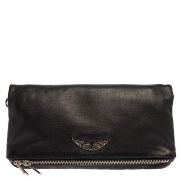 Pre Owned Zadig & Voltaire Black Leather Rock Foldover Crossbody Bag