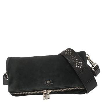Pre Owned Zadig & Voltaire Black Nubuck Leather Fold Over Zip Studded Shoulder Bag