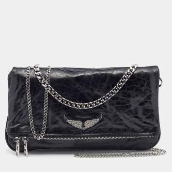 Pre Owned Zadig and Voltaire Black Glazed Leather Rock Chain Clutch