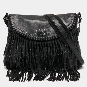 Pre Owned Zadig and Voltaire Black Leather and Suede Fringe Shoulder Bag