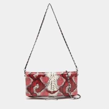 Pre Owned Zadig & Voltaire Red Python Embossed Leather Rock Foldover Clutch Bag