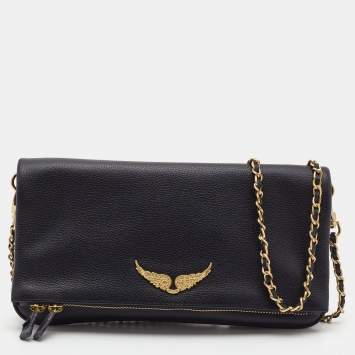 Pre Owned Zadig & Voltaire Black Leather Rock Foldover Crossbody Bag