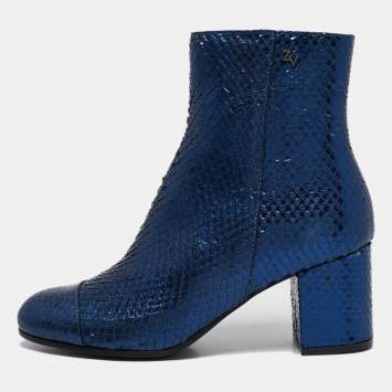 Zadig & Voltaire Blue Python Embossed Leather Block Heel Ankle Boots Size 36