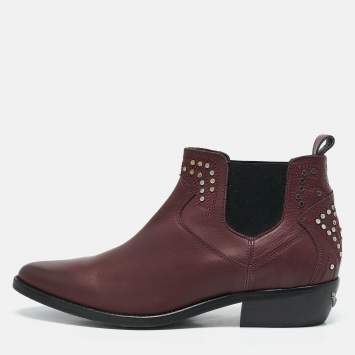Zadig & Voltaire Burgundy Leather Studded Ankle Length Boots Size 41