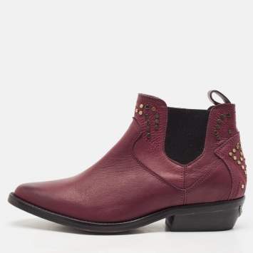 Zadig & Voltaire Burgundy Leather Thylana Studded Ankle Boots Size 36