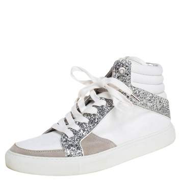 Pre Owned Zadig and Voltaire White/Grey Canvas and Suede Glitter High Top Sneakers Size 40
