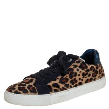 Pre Owned Zadig&Voltaire Brown/Blue Leopard Print Calf Hair And Suede Low-top Sneakers Size 40