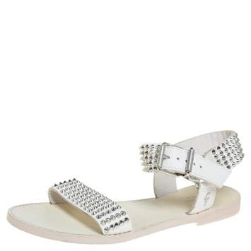 Pre Owned Zadig And Voltaire White Spike Embellished Leather Flat Sandals Size 40