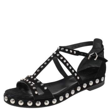 Pre Owned Zadig & Voltaire Black Suede Studded T Strap Sandals Size 39