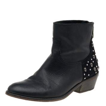 Pre Owned Zadig And Voltaire Black Leather Embellished Ankle Boots Size 36