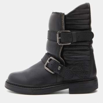 Pre Owned Zadig and Voltaire Black Leather Biker Ankle Length Boots Size 37