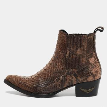 Pre Owned Zadig And Voltaire Brown/Black Python Ankle Boots Size 38