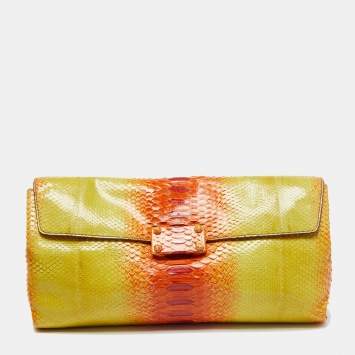 Pre Owned Zagliani Yellow/Orange Python Leather Flap Clutch
