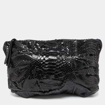 Pre Owned Zagliani Black Python Oversized Pouch Clutch