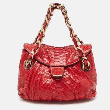 Pre Owned Zagliani Red Python Flap Chain Hobo