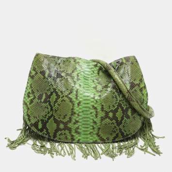 Pre Owned Zagliani Green Python Fringe Details Flap Shoulder Bag