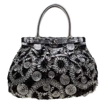 Pre Owned Zagliani Black/Grey Python and Fabric Puffy Tote