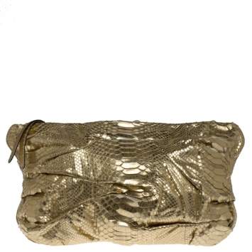 Pre Owned Zagliani Gold Metallic Python Top Zip Clutch 
