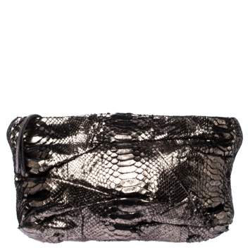 Pre Owned Zagliani Metallic Silver Python Leather Oversized Clutch 