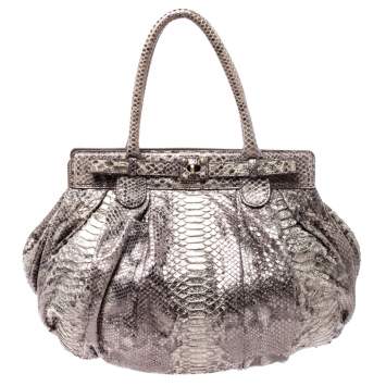 Pre Owned Zagliani Cream/Black Metallic Python Puffy Hobo