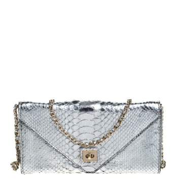 Pre Owned Zagliani Silver Python Envelope Flap Chain Shoulder Bag