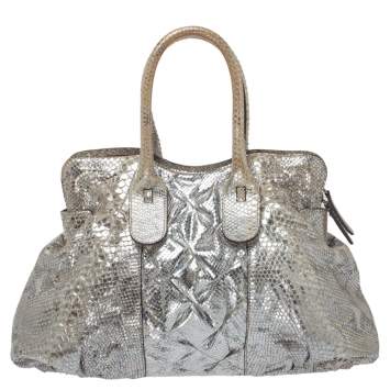 Pre Owned Zagliani Silver Python Top Zip Tote