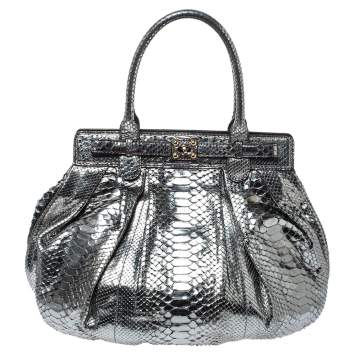 Pre Owned Zagliani Silver Python Puffy Hobo
