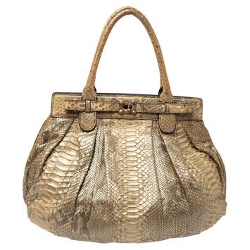 Pre Owned Zagliani Metallic Gold Python Puffy Hobo