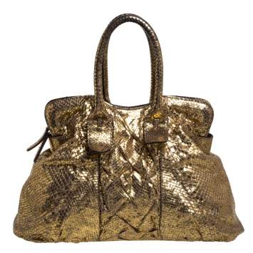 Pre Owned Zagliani Metallic Gold Python Top Zip Tote
