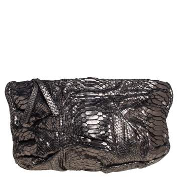 Pre Owned Zagliani Metallic Silver Python Oversized Clutch