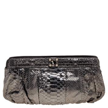 Pre Owned Zagliani Metallic Gunmetal Python Leather Clutch 