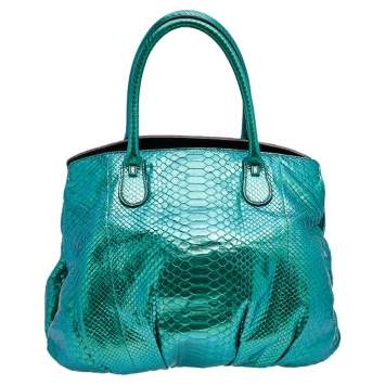 Pre Owned Zagliani Metallic Green Python Top Zip Tote