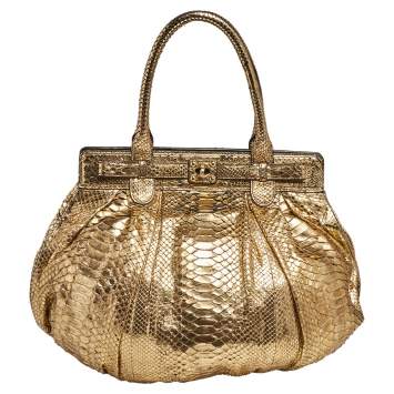 Pre Owned Zagliani Gold Python Puffy Hobo