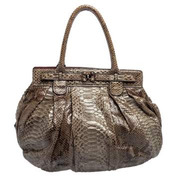 Pre Owned Zagliani Metallic Grey Python Puffy Hobo
