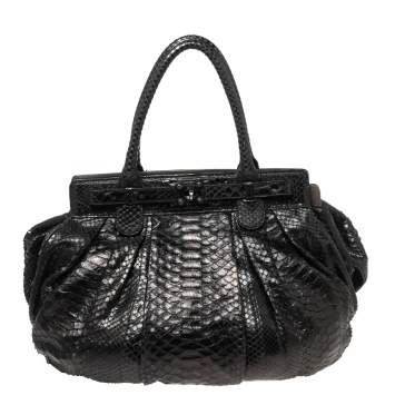 Pre Owned Zagliani Mettalic Black Python Puffy Hobo
