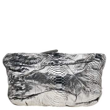 Pre Owned Zagliani Metallic Silver Python Leather Oversized Clutch
