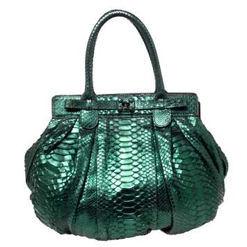 Pre Owned Zagliani Metallic Green Python Puffy Hobo