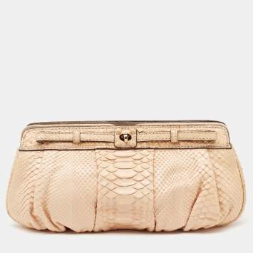 Pre Owned Zagliani Beige Python Turn Lock Clutch 