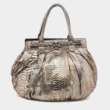 Pre Owned Zagliani Metallic Gold Python Leather Oversized Puffy Hobo