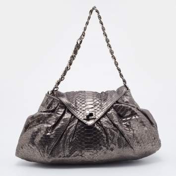 Pre Owned Zagliani Metallic Gunmetal Python Envelope Shoulder Bag
