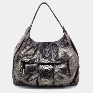 Pre Owned Zagliani Silver Python Flap Hobo