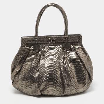 Pre Owned Zagliani Metallic Silver Python Puffy Hobo