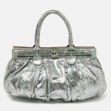Pre Owned Zagliani Green/Silver Python Puffy Hobo