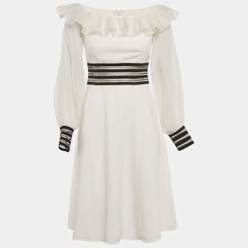 Pre Owned Zayan the Label White Crepe Mesh Detail Sleeve Short Dress S