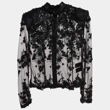 Pre Owned Zhivago Black Embroidered Mesh High Neck Sheer Top M