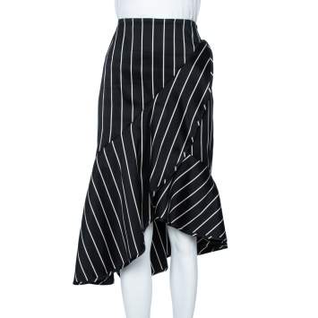 Pre Owned Zimmermann Black Striped Textured Cotton Asymmetric hem Midi Skirt L