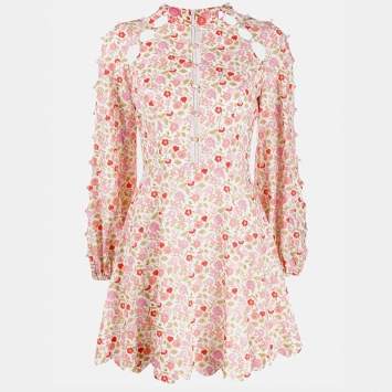 Pre Owned Zimmermann White Floral Print Linen & Cotton Scallop Short Dress S