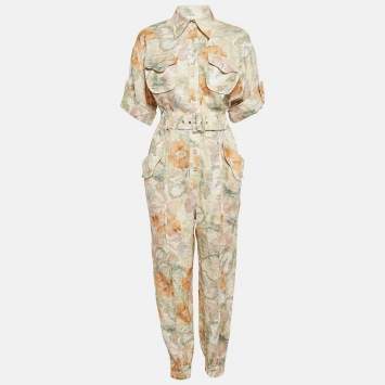 Pre Owned Zimmermann Beige Floral Print Linen Belted Jumpsuit S