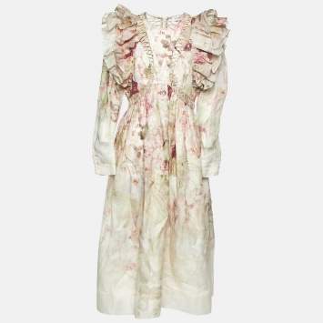 مملوكة مسبقًا Zimmermann Pink Floral Print Linen & Silk Organza Dancer Midi Dress L